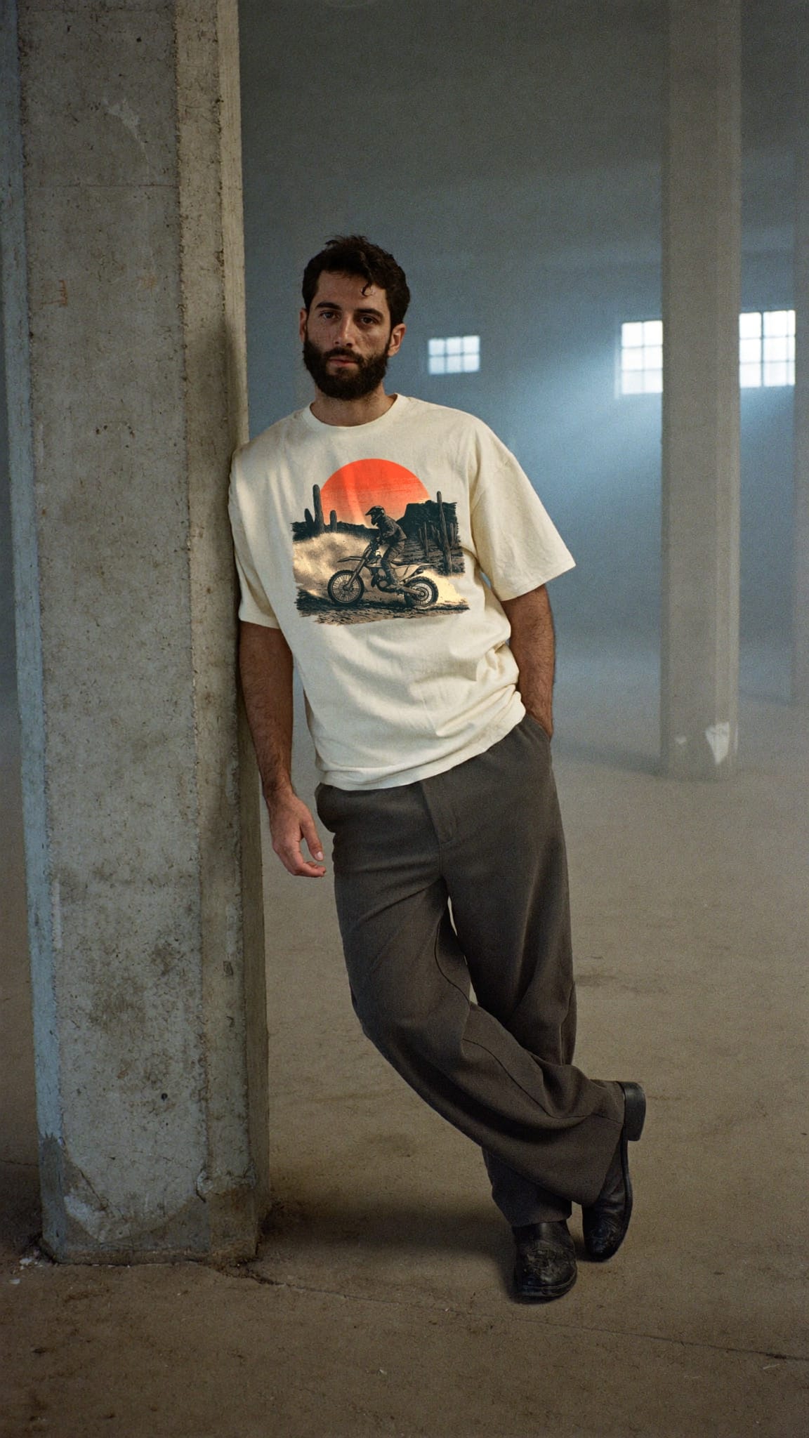Off-white heavyweight tee with the Desert Motocross print: a dirt-bike rider under an orange sun among desert cacti