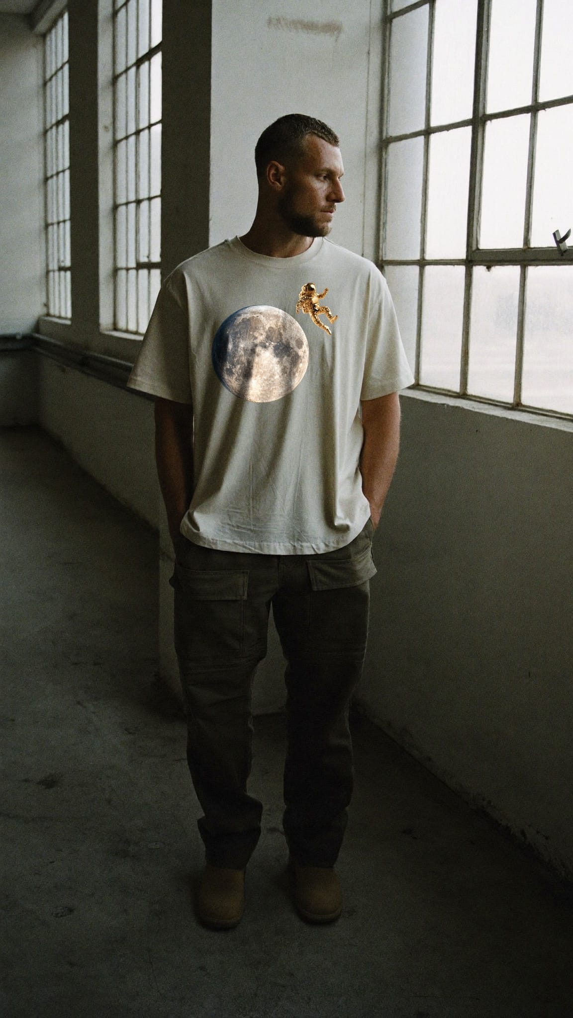 Natural heavyweight tee with the Moon Astronaut print: a full moon with a small astronaut floating beside it