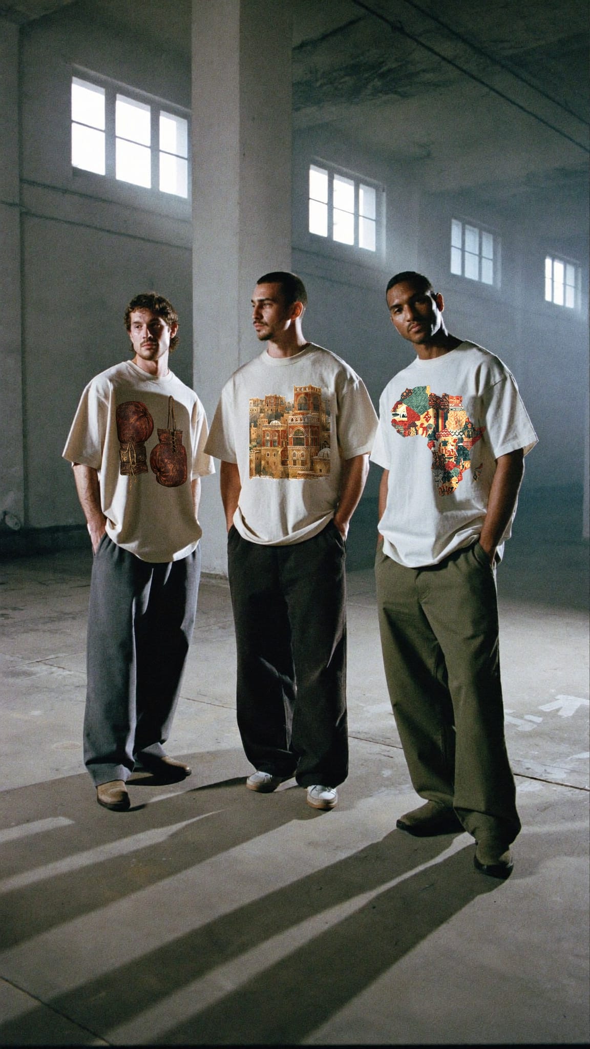 Three off-white tees: Vintage Gloves, the Old City print of tall stone tower houses, and Land of the Free, a patchwork map of Africa