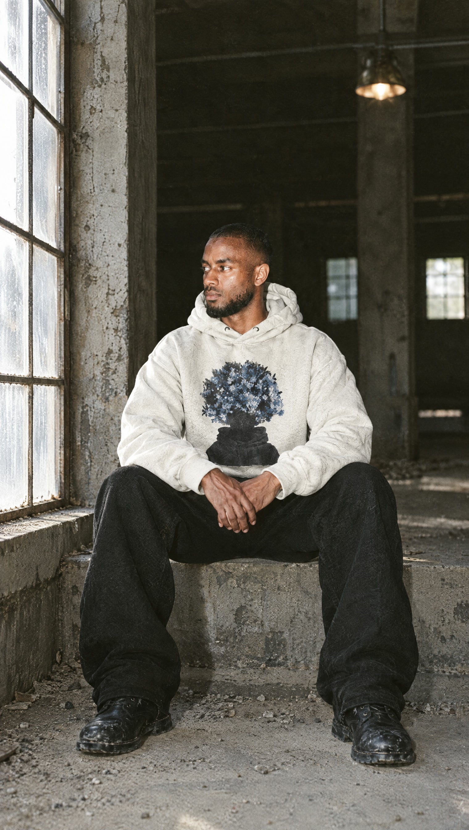 Cream heavyweight hoodie with the Floral Hoodie print: a hooded silhouette crowned with blue flowers