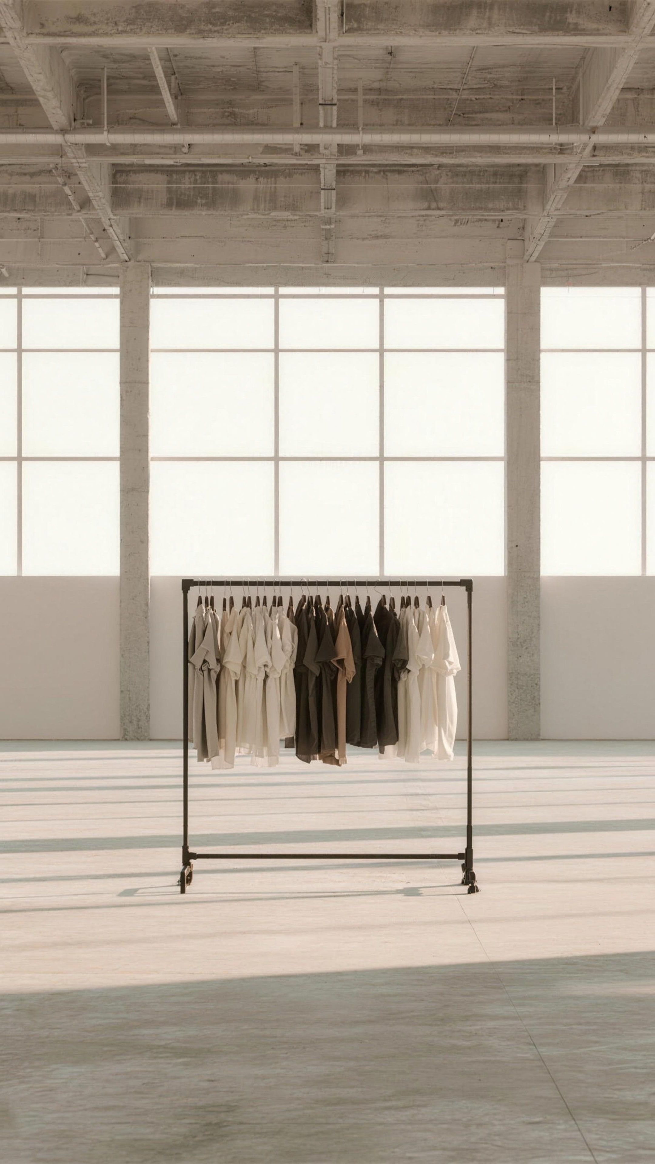 A full clothing rail of neutral and black tees standing in a bright, empty concrete warehouse