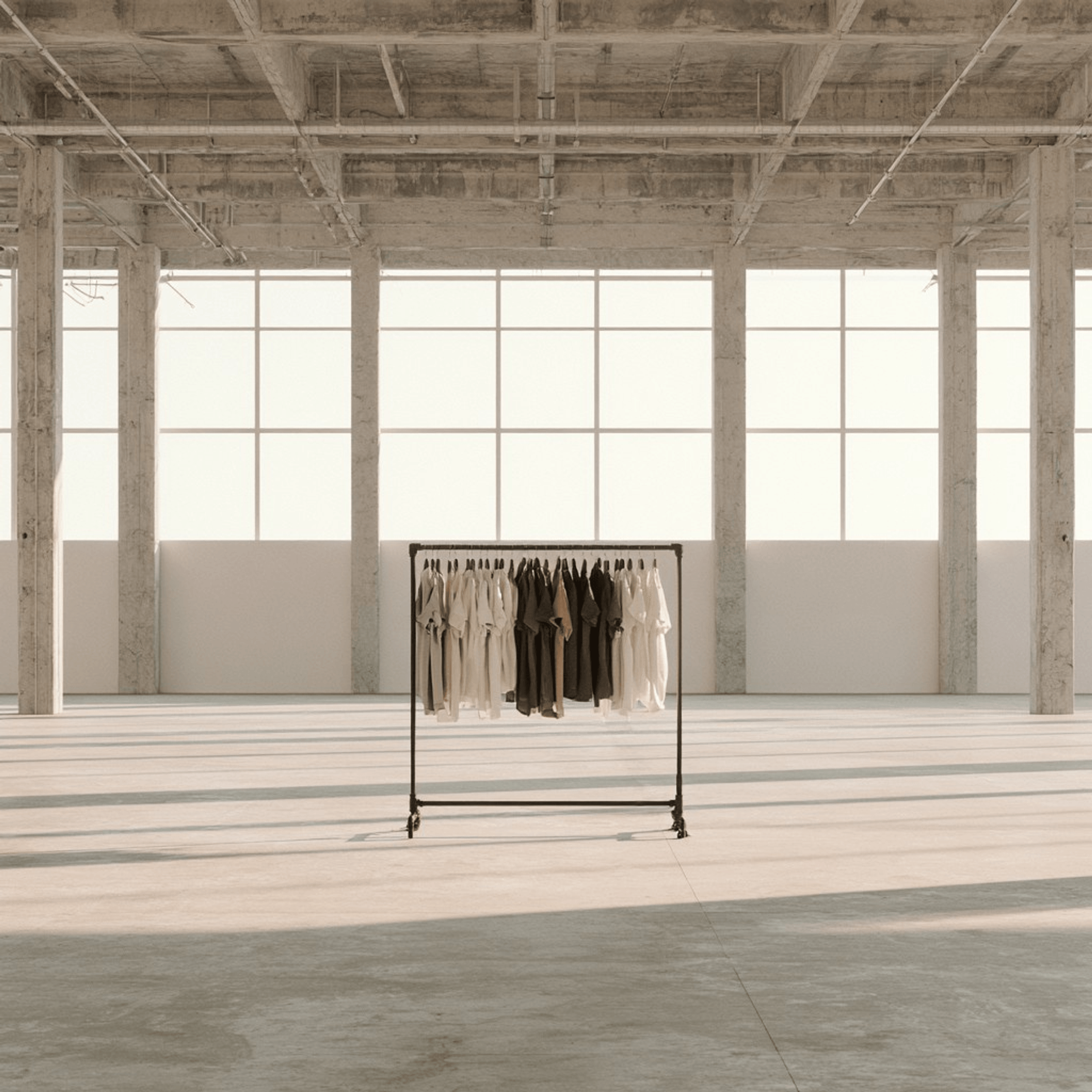 A clothing rack of neutral tees centered in a bright industrial warehouse
