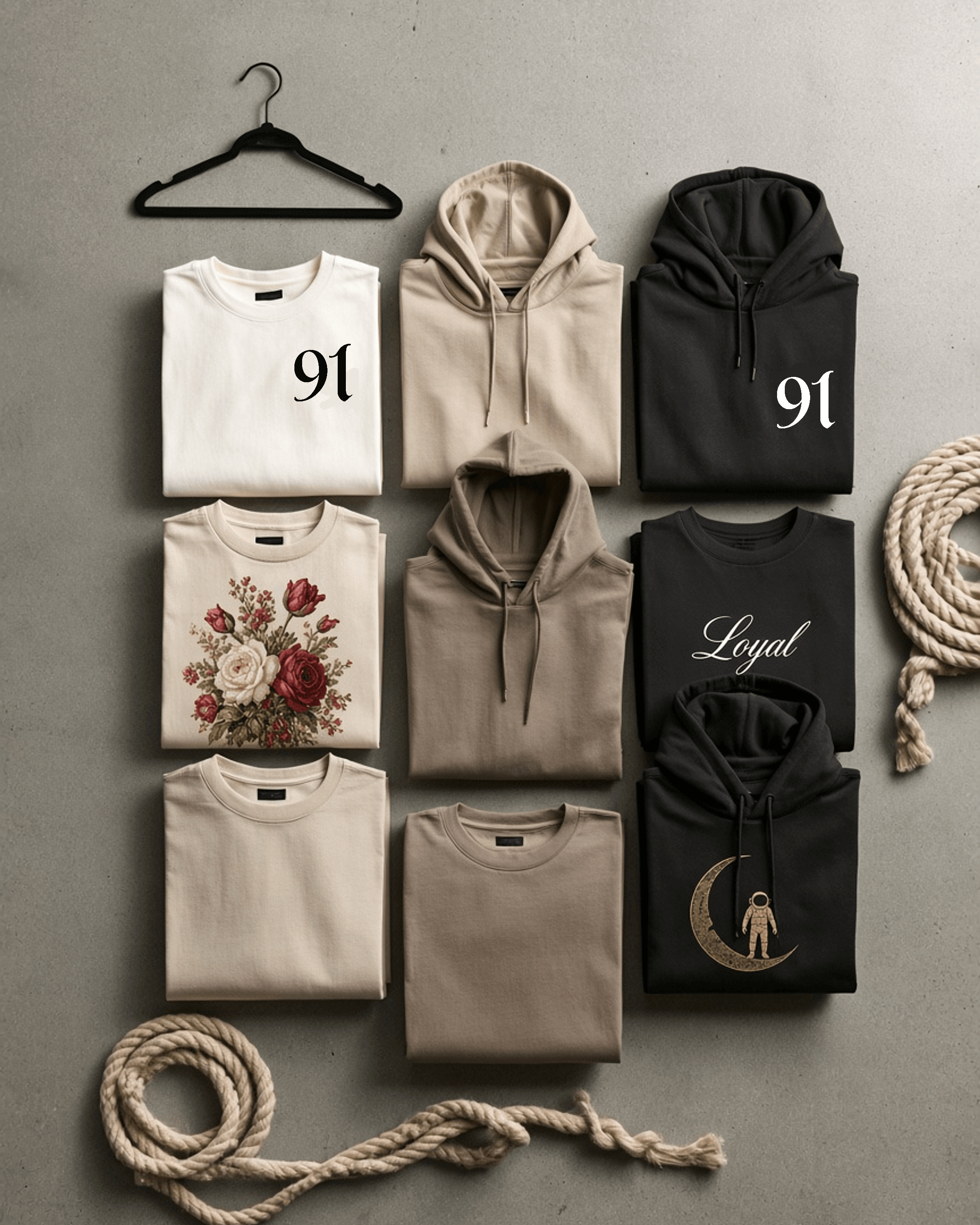 A flat-lay of folded NINETY-ONE graphic tees, anime-print hoodies, and sleek sweatshirts